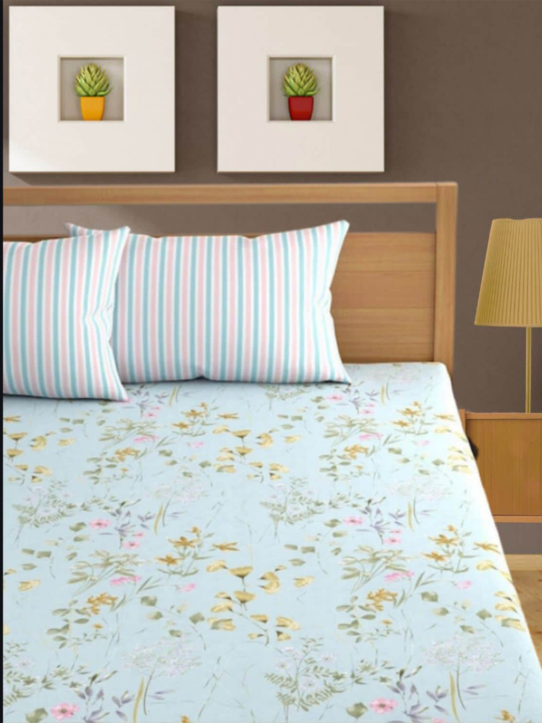 Bajo's Blue Floral Cotton 350 TC King Superfine Bedsheet with 2 Pillow Covers-182.88 x 198.12 x 20.32 CM