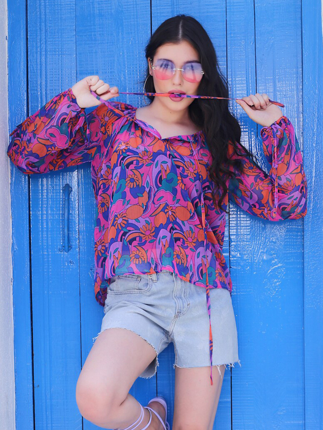 Sera Pink & Blue Floral Printed Tie Up neck Top