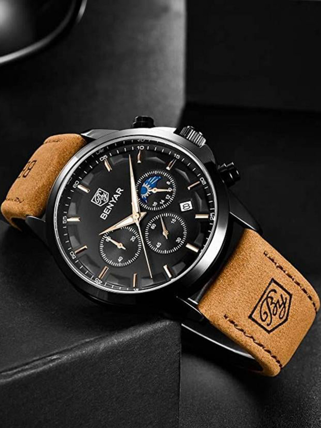 BENYAR Men Dial & Leather Bracelet Style Straps Analogue Chronograph Watch Ben-5160-Brown-Black-01