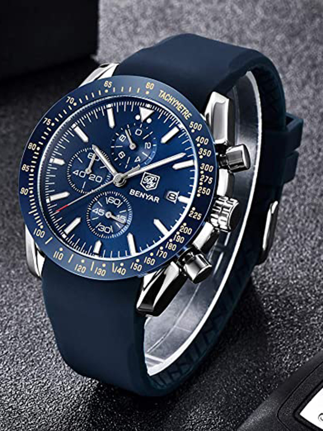 BENYAR Men Embellished Dial & Straps Analogue Chronograph Watch Ben-5140-Blue-Silver-01