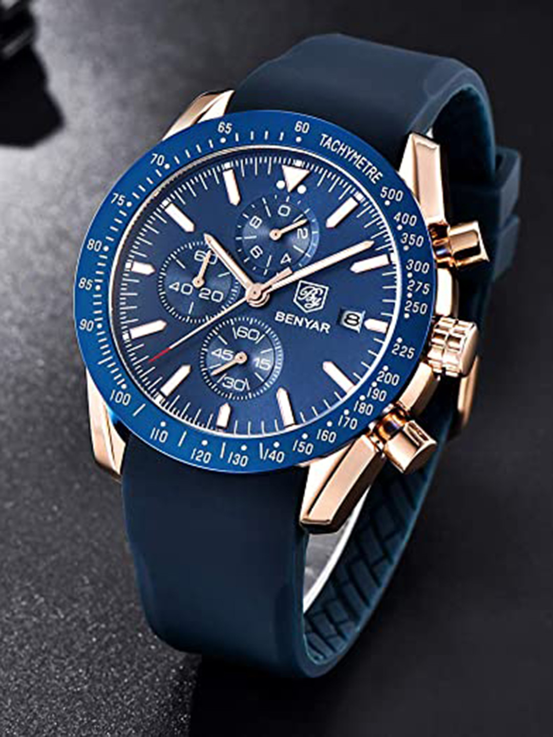BENYAR Men Embellished Dial & Bracelet Style Straps Analogue Chronograph Watch Ben-5140-Blue-Gold-01