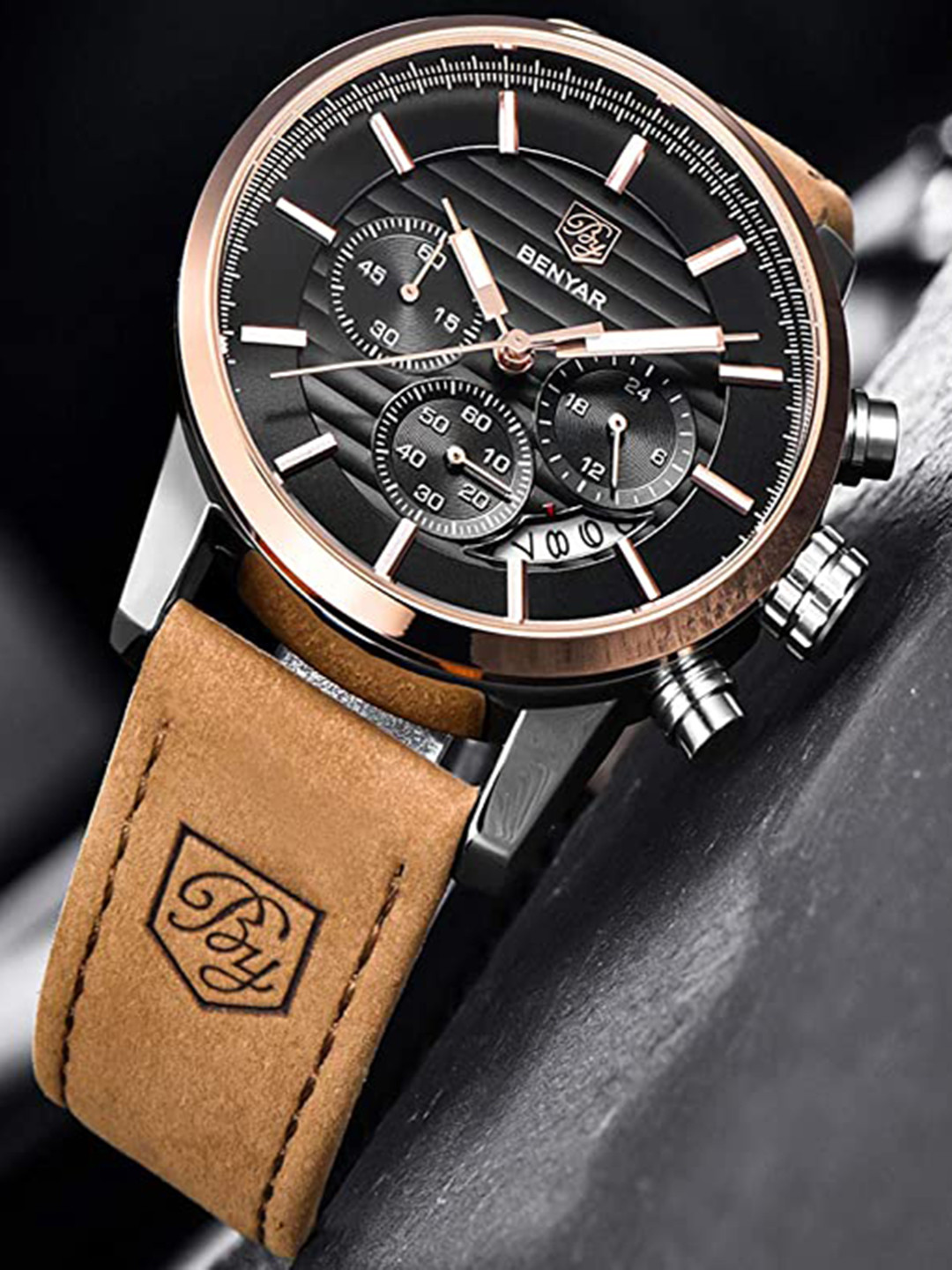 BENYAR Men Leather Straps Analogue Chronograph Watch Ben-5104-Light-Brown-Blk
