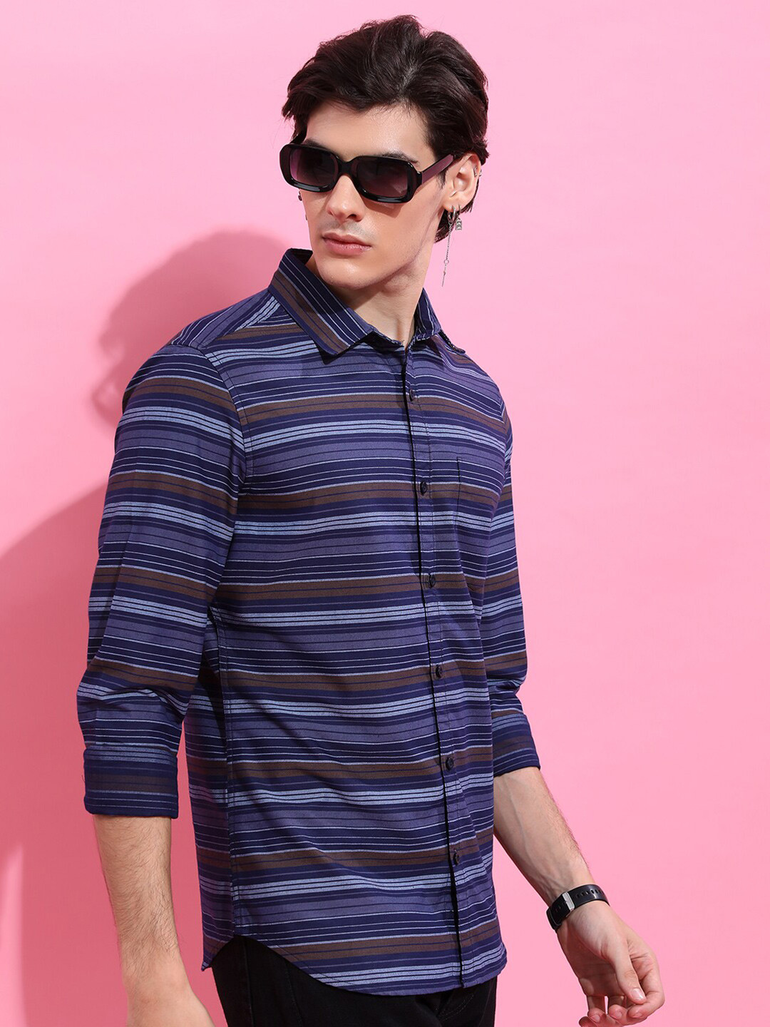 HIGHLANDER Men Navy Blue Slim Fit Horizontal Striped Casual Shirt