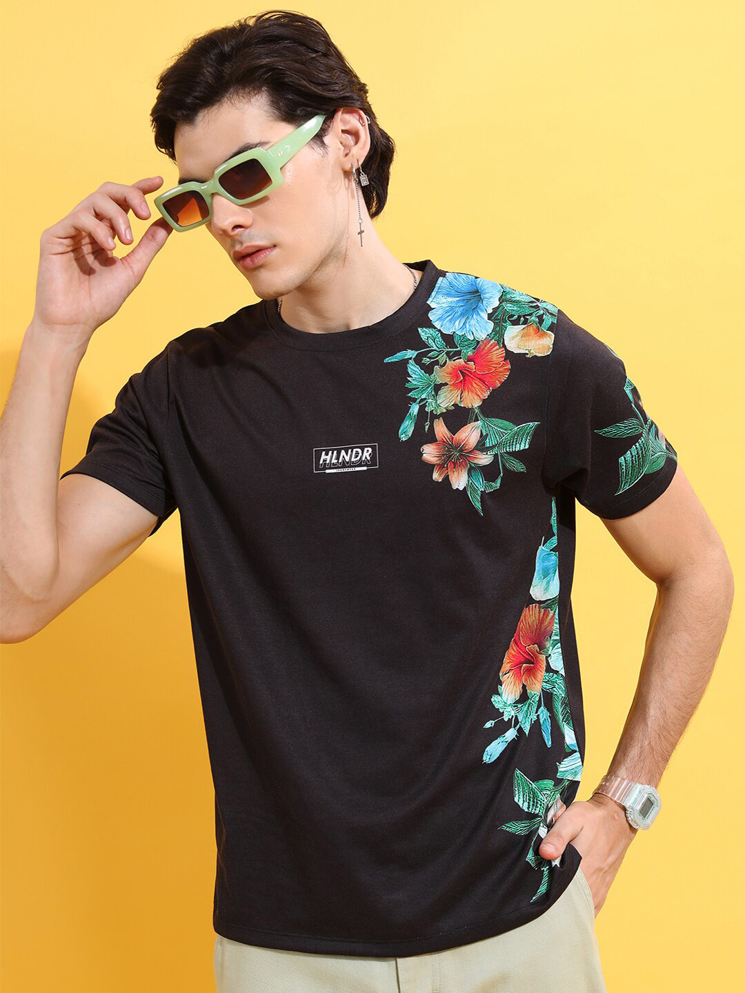 HIGHLANDER Black Floral Printed T-Shirt