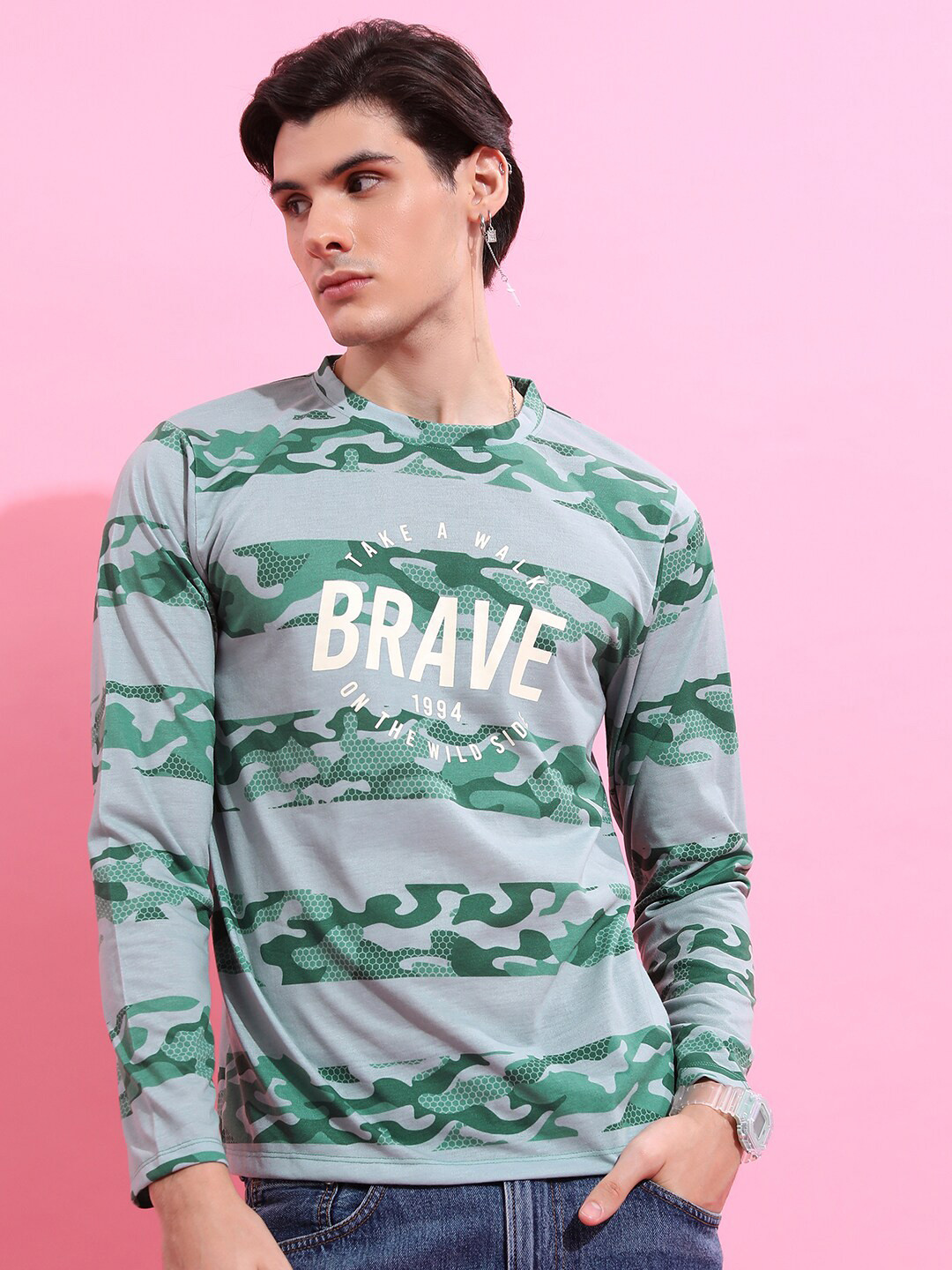 HIGHLANDER Green & Grey Camouflage Printed Relaxed Fit T-Shirt