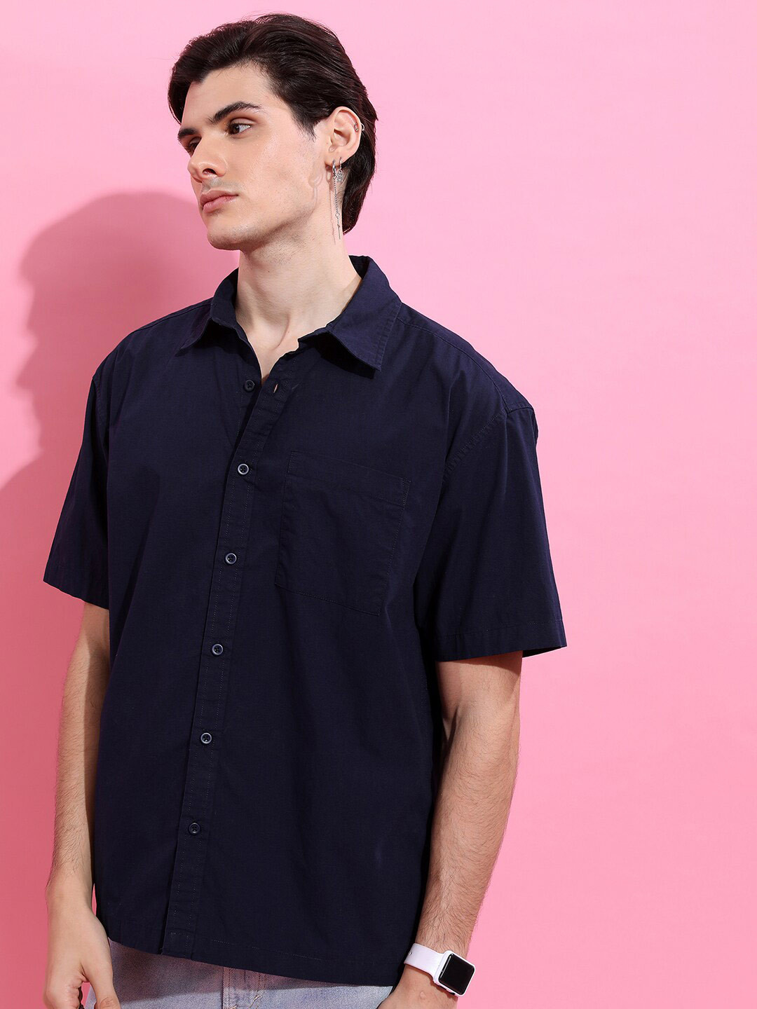 Highlander Men Navy Blue Solid Oversized Casual Shirt