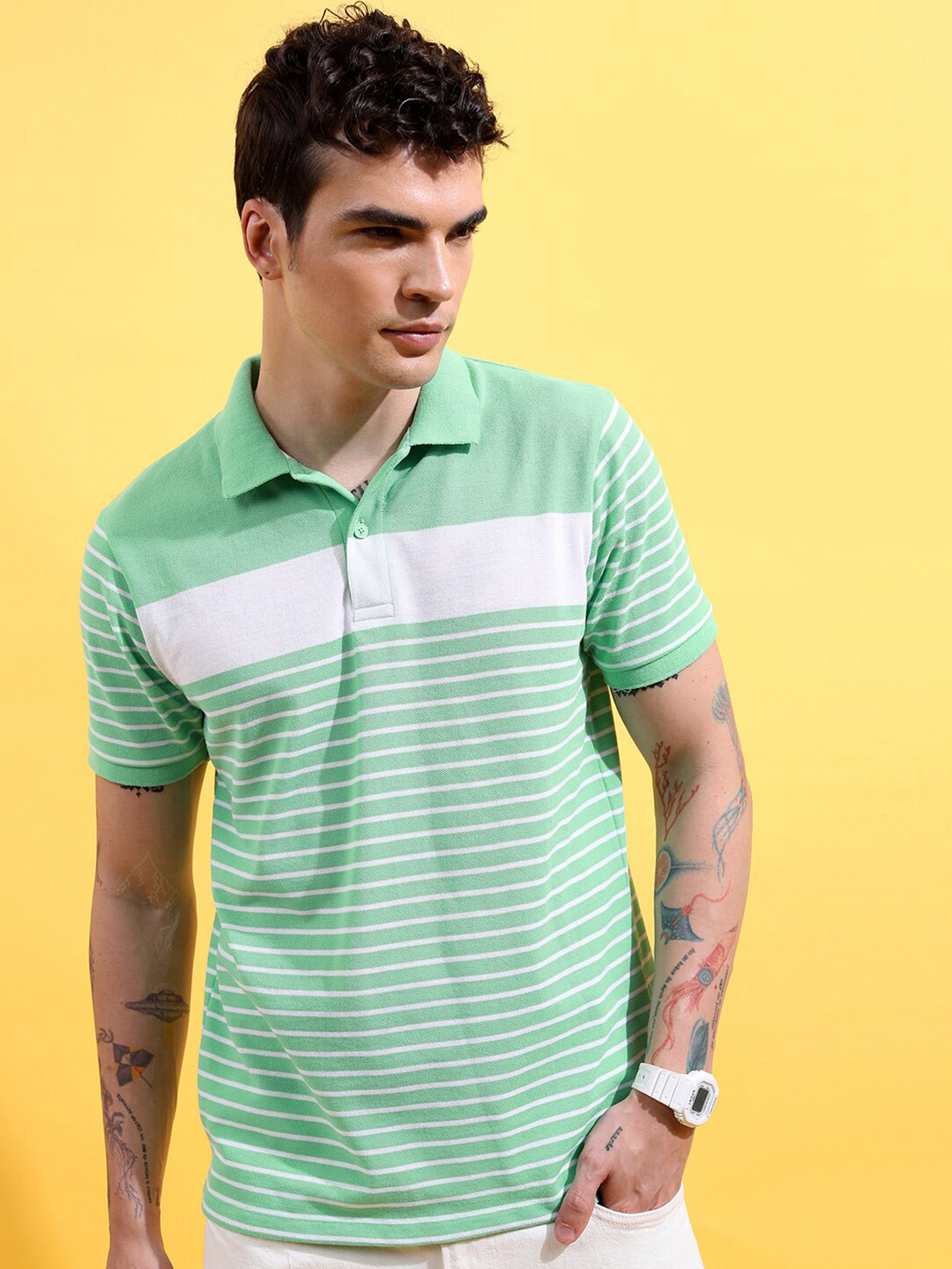 HIGHLANDER Green Striped Polo Collar Slim Fit T-Shirt