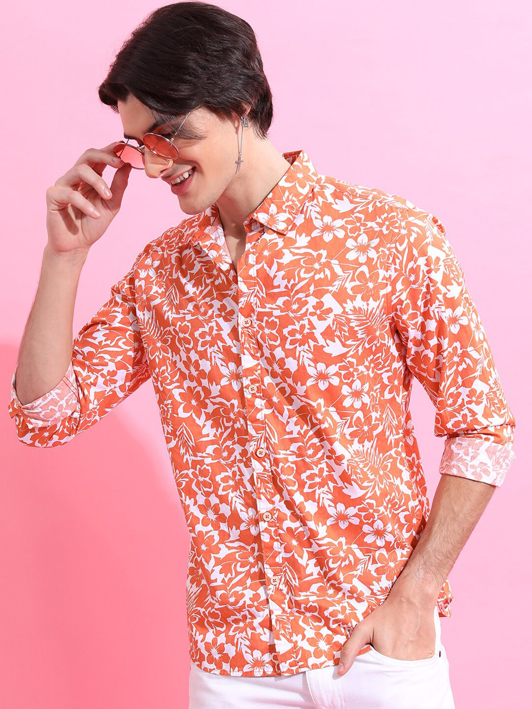 HIGHLANDER Orange & White Slim Fit Floral Printed Cotton Casual Shirt