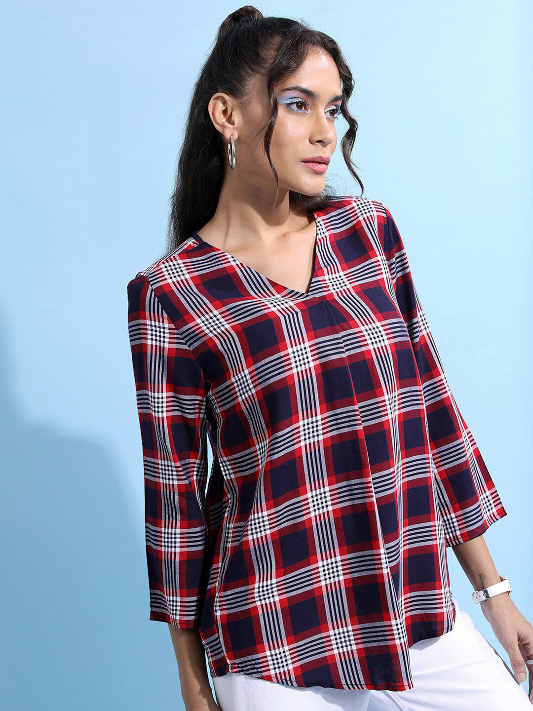 Tokyo Talkies Red & Navy Blue Checked V-Neck Top