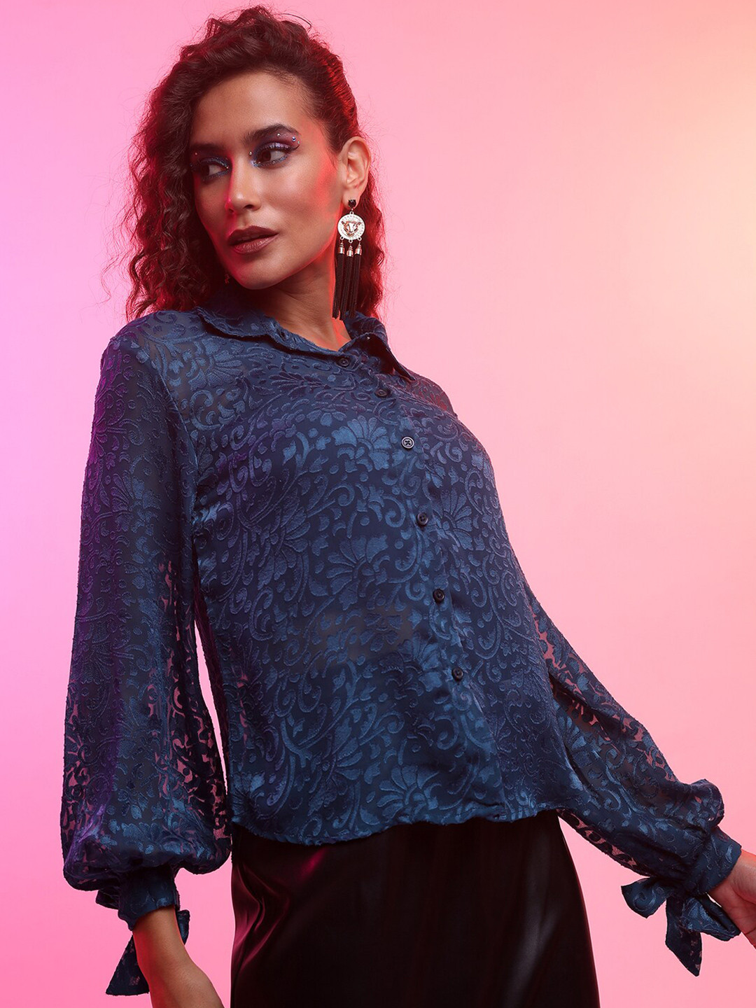 Tokyo Talkies Teal Blue Self Design Shirt Style Top