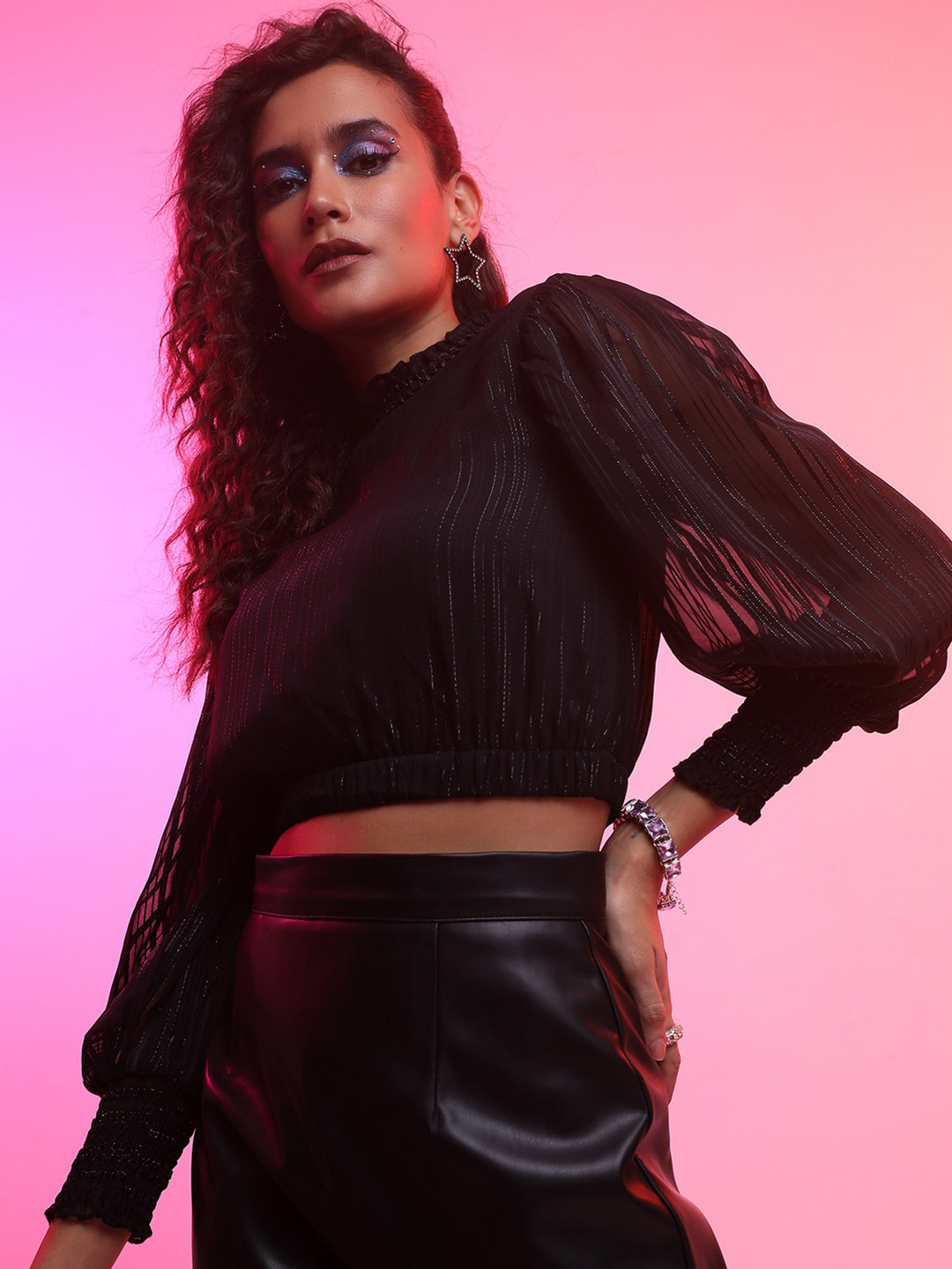 Tokyo Talkies Black Self Design High Neck Puffed Sleeves Party Crop Top