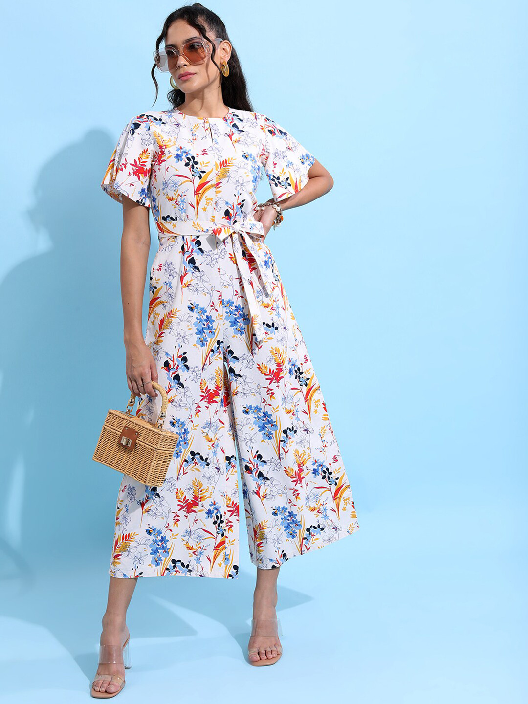 Tokyo Talkies Pink & Blue Printed Basic Jumpsuit With Waist Tie-Up