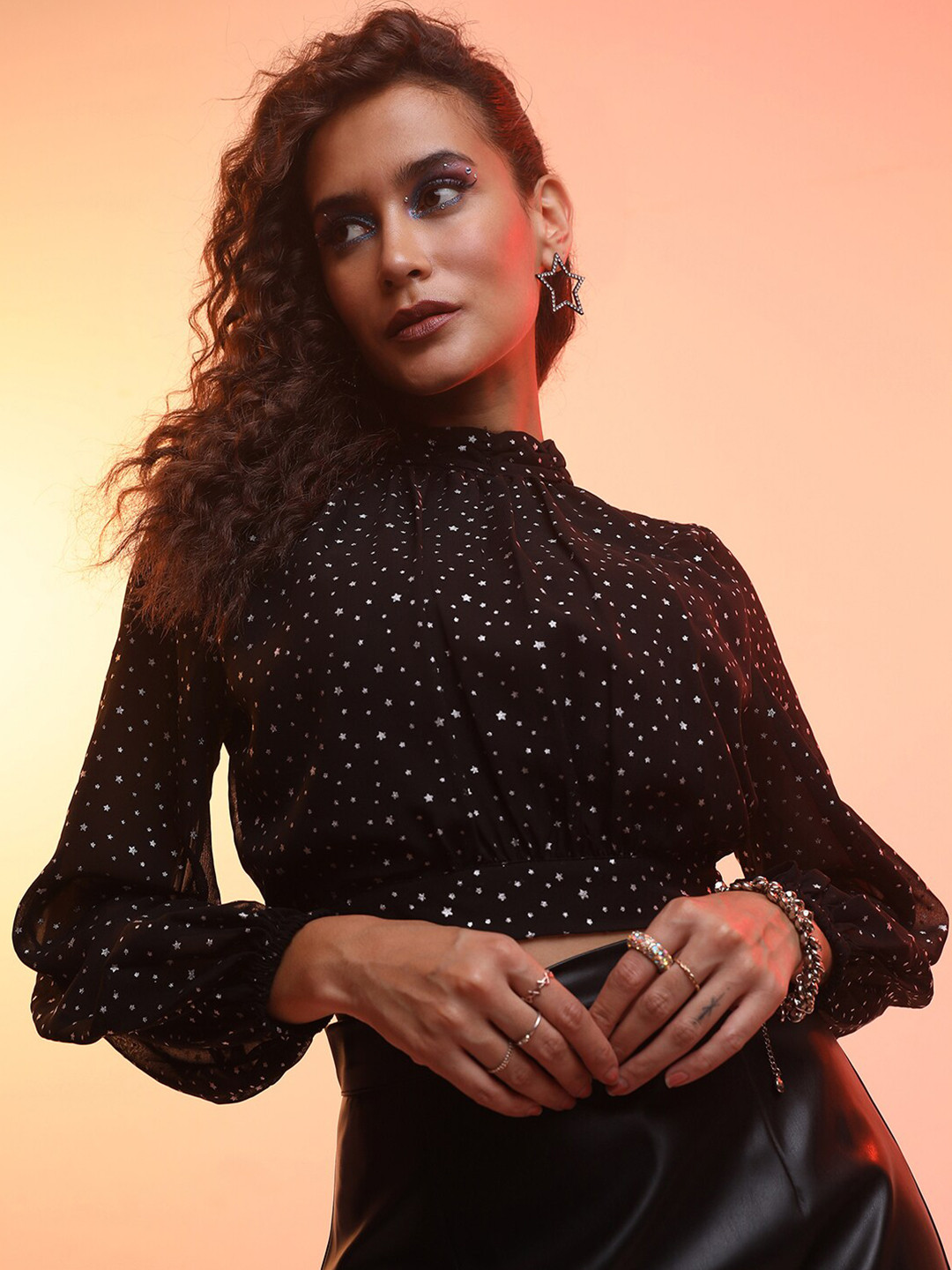 Tokyo Talkies Black & Silver-Toned Embellished Puff Sleeve Crop Top