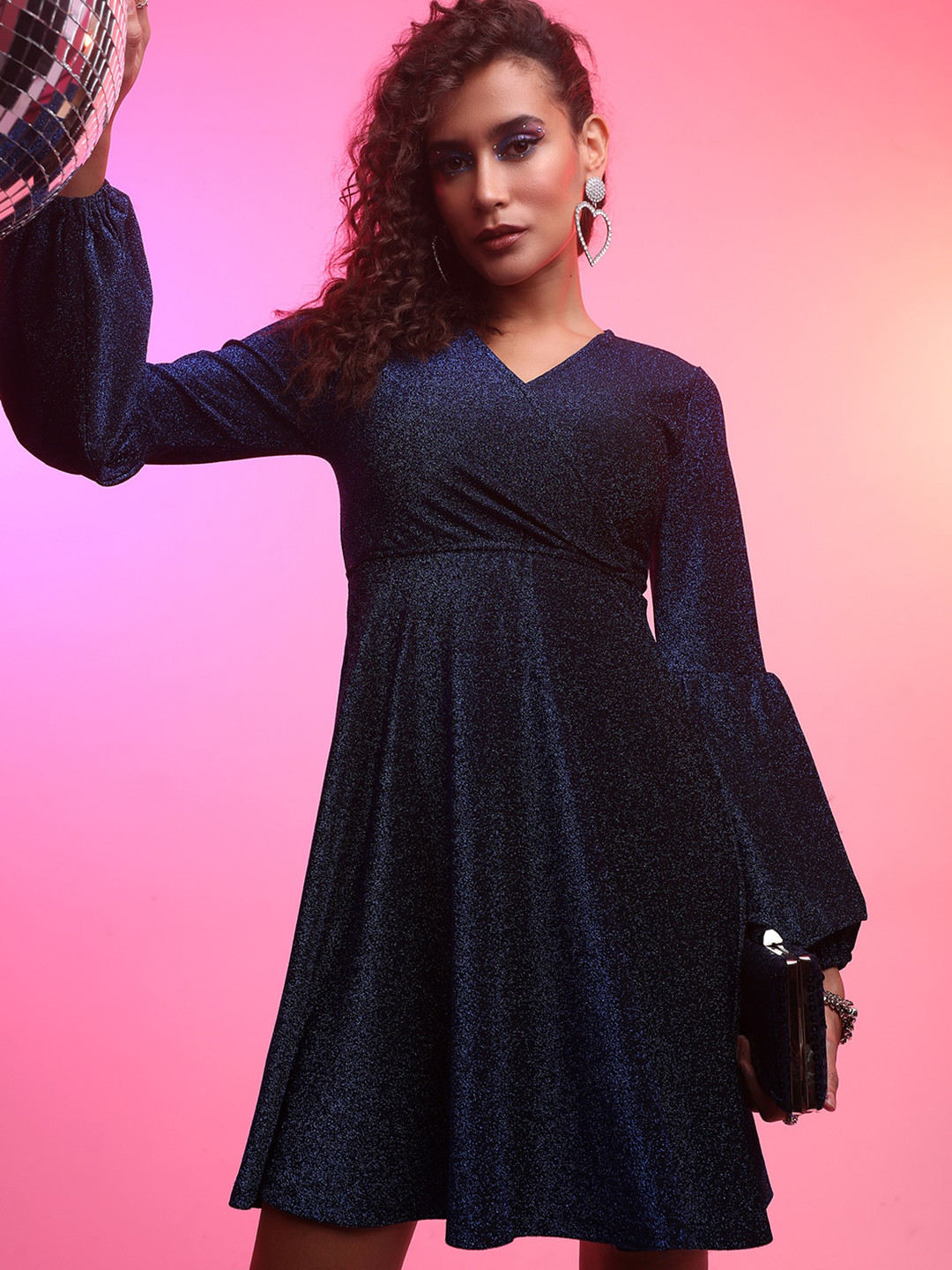 Tokyo Talkies Blue Fit V-Neck Self Design Wrap Dress