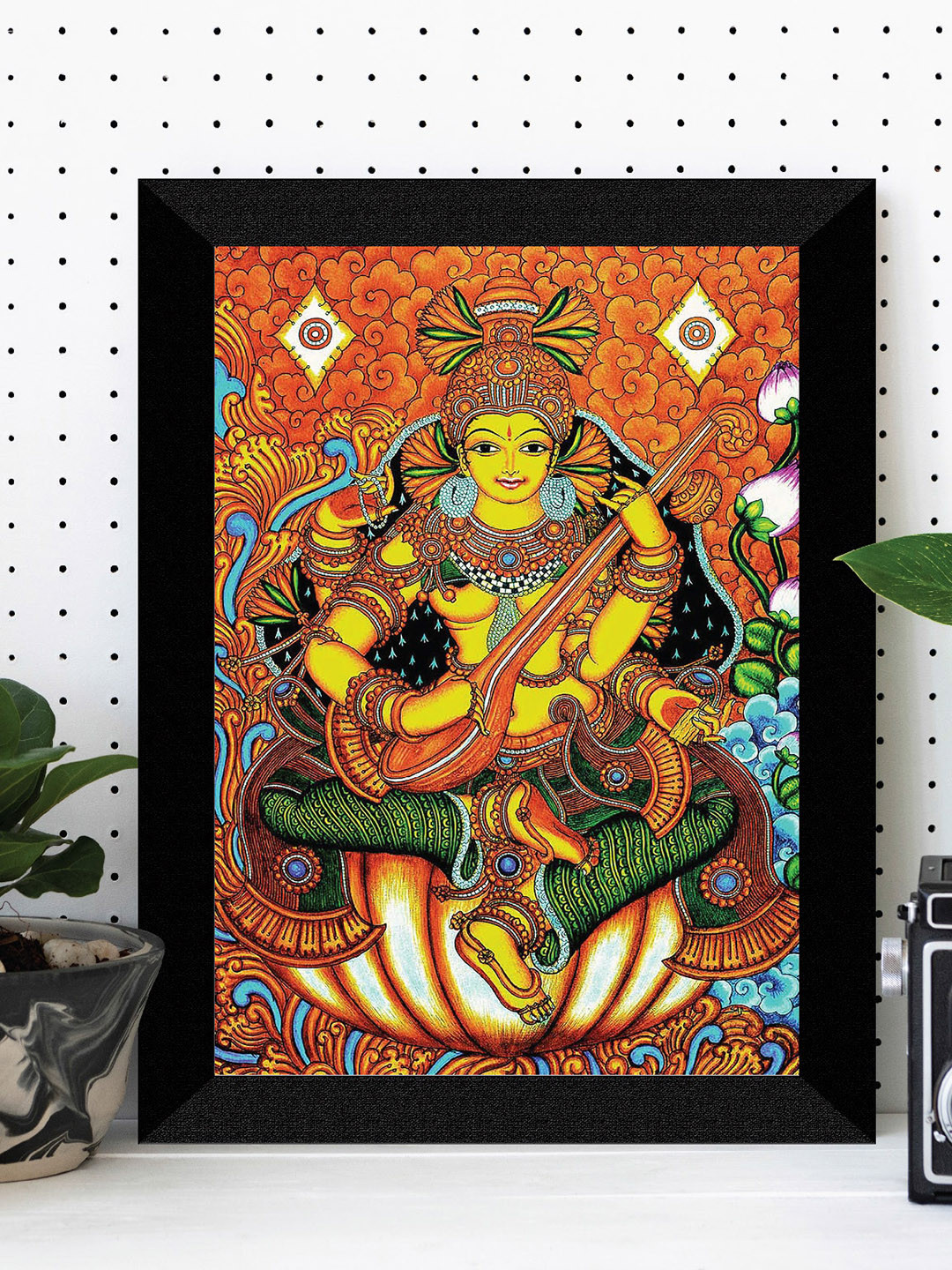 SAF Orange Colored & Black Maa Saraswati Painting Wall Art