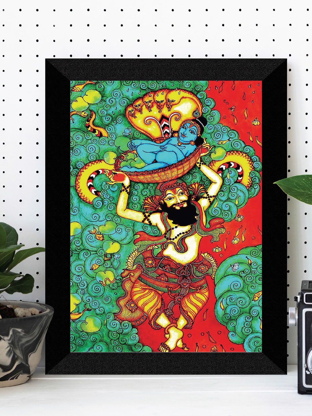 SAF Green & Red Baby Krishna Printed UV Coating Painting Wall Art