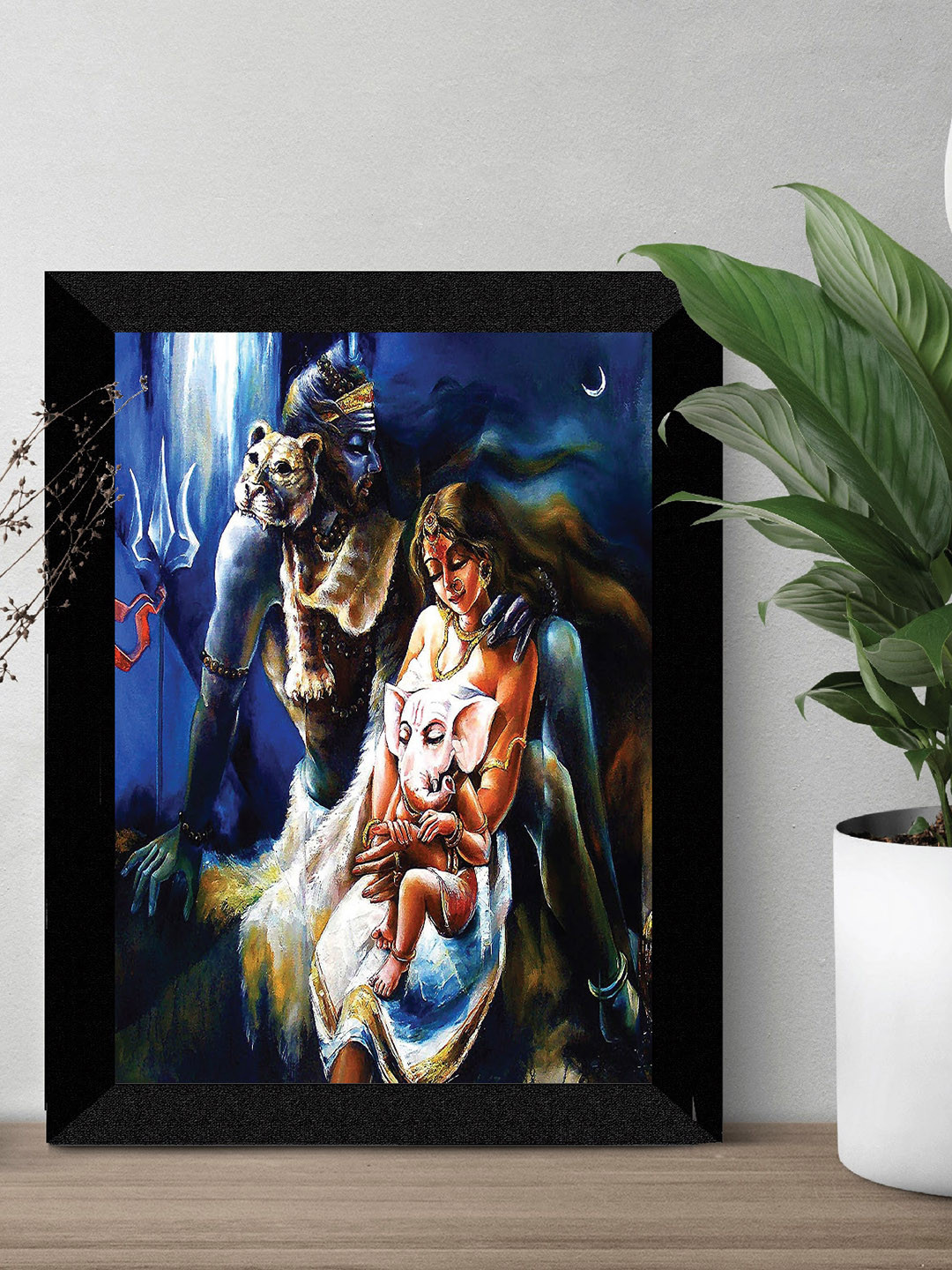 SAF Blue & Black Lord Shiva Family Printed Framed Wall Art