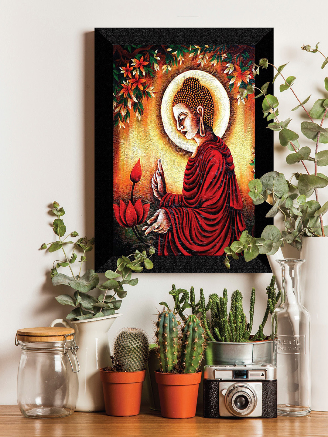 SAF Brwon & Red Lord Buddha Printed Framed Wall Art