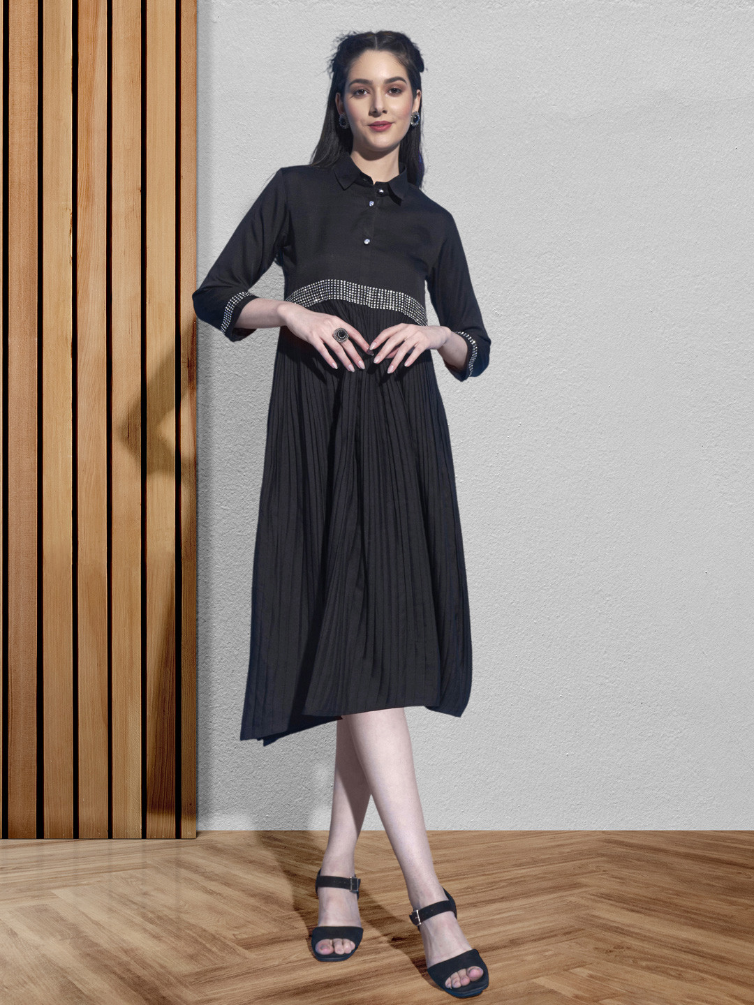 DressBerry Black Pleated Embellished Fit and Flare Dress