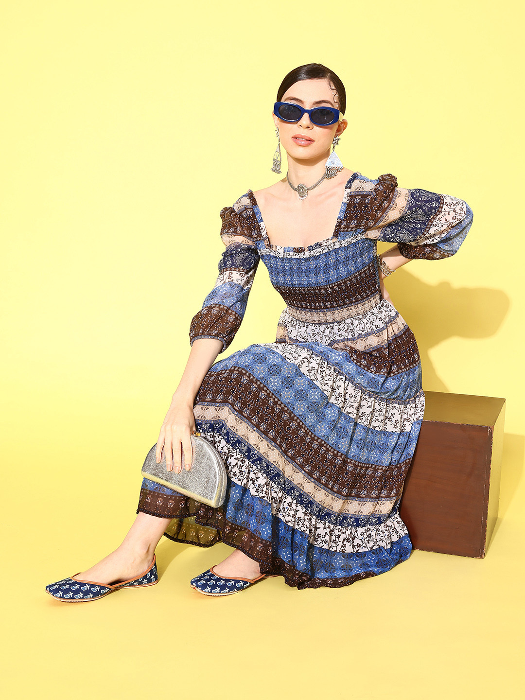 Nayam By Lakshita Ethnic Motifs Print Puff Sleeves Chiffon Fit & Flare Midi Dress