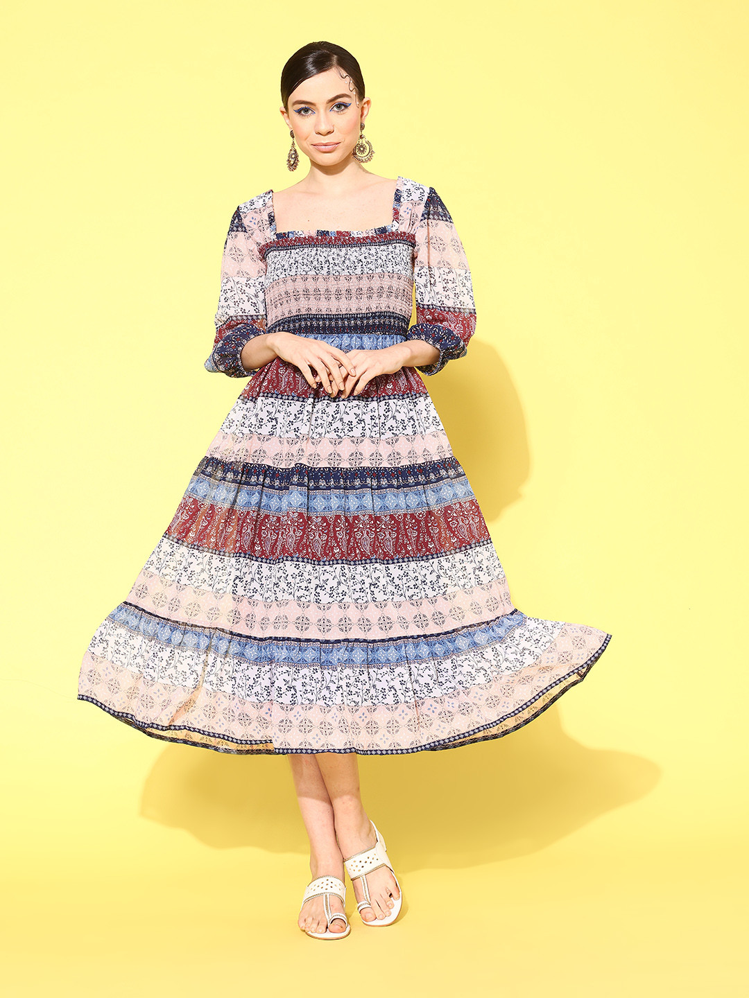 Nayam By Lakshita Ethnic Motifs Print Puff Sleeves Smocked Chiffon Midi Ethnic Dress