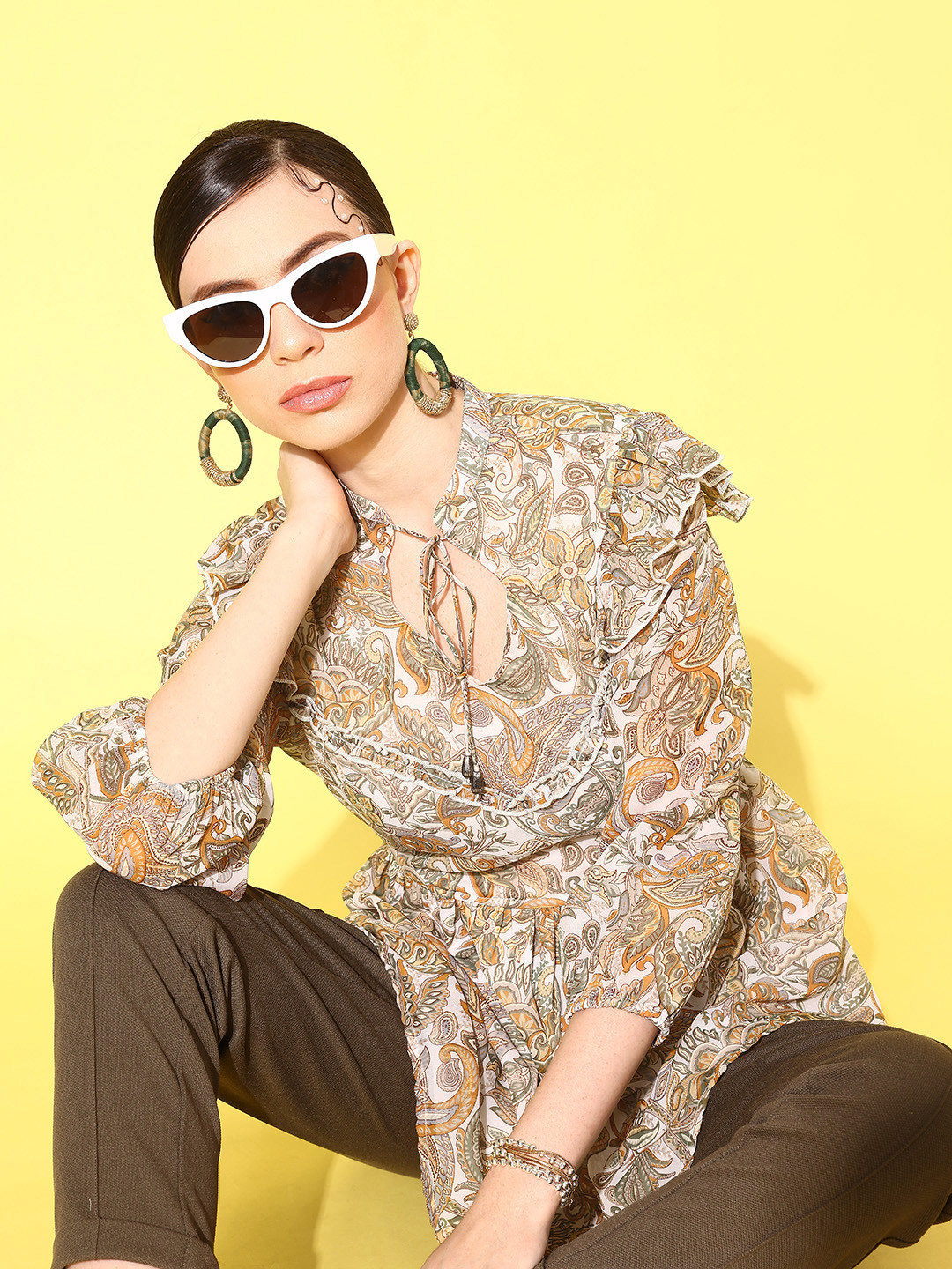 Nayam By Lakshita White Print Tie-Up Neck Puff Sleeves Ruffles Georgette Peplum Longline Top