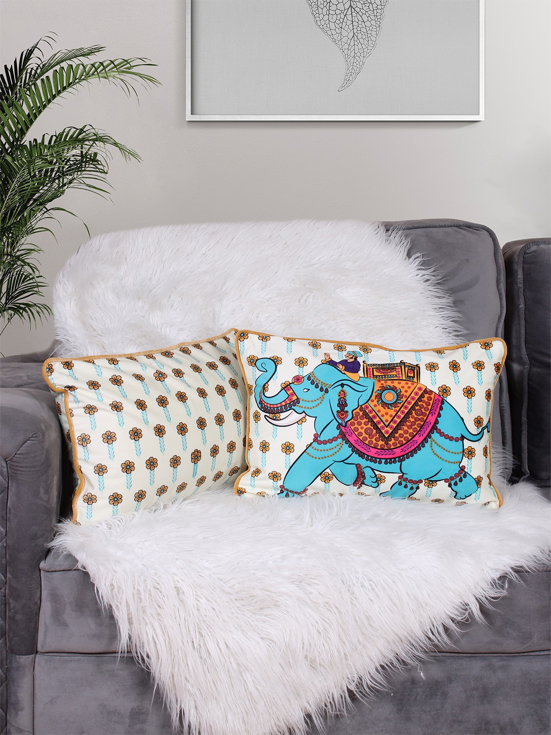 STITCHNEST Ethnic Motifs Velvet Color Fastness 2 Pcs Rectangle Cushion Covers -17.7x17.7In