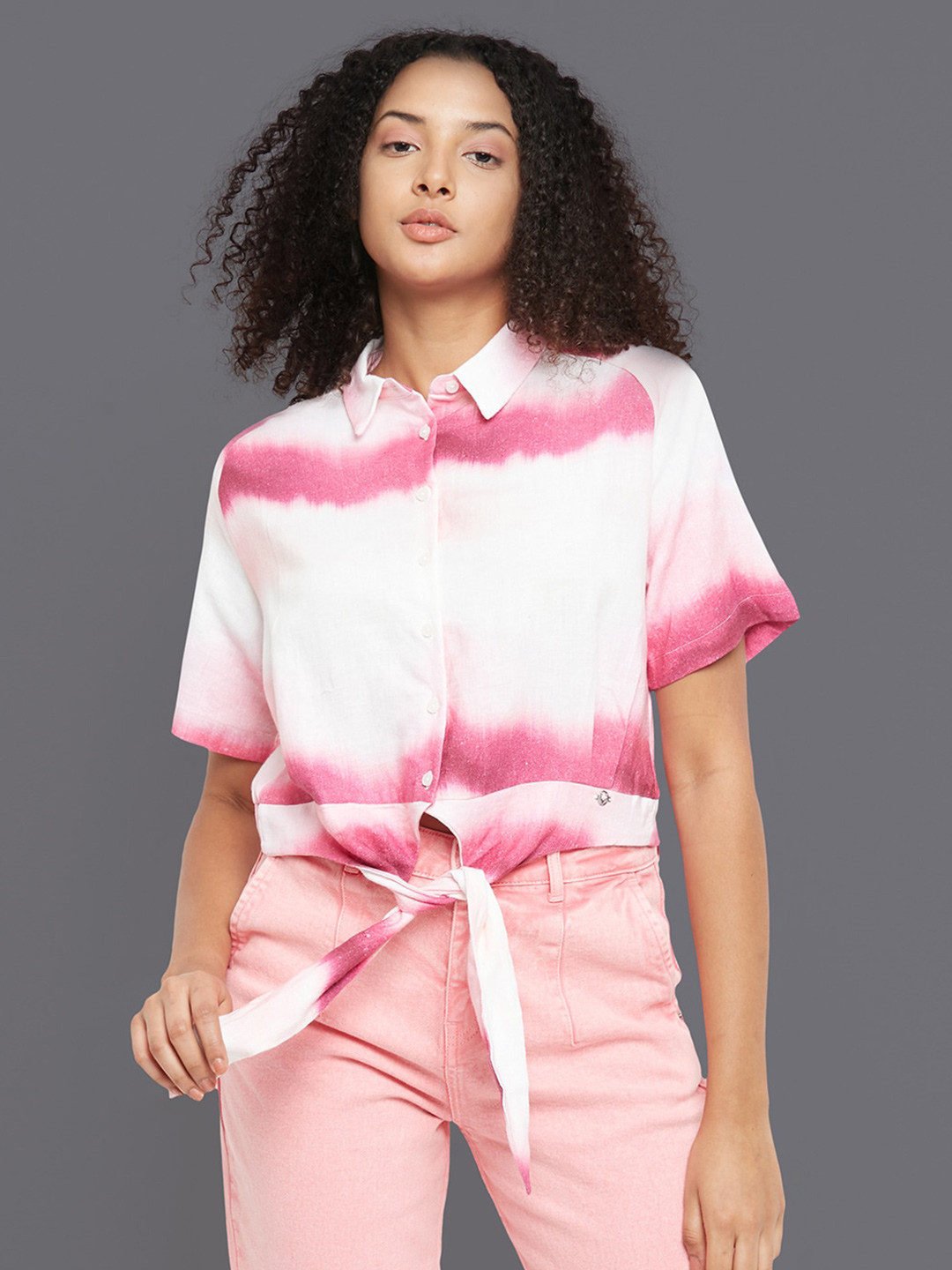 Allen Solly Woman Abstract Printed Casual Linen Shirt With Waist Tie-ups