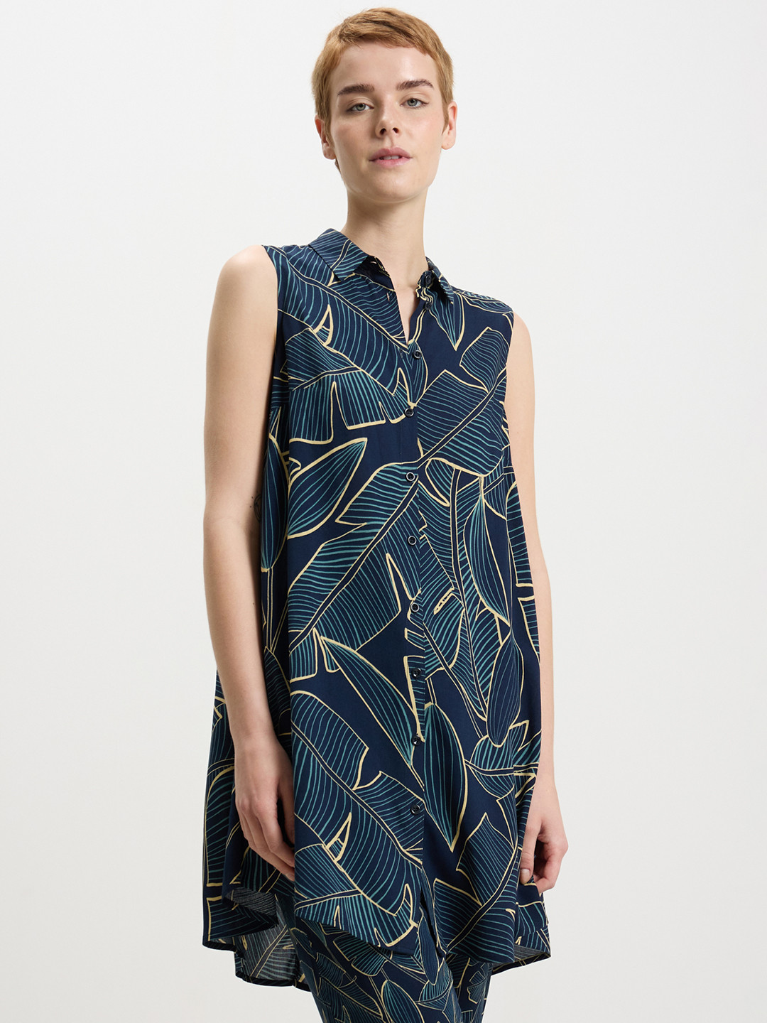 CALLIOPE Tropical Print Shirt Style Longline Top