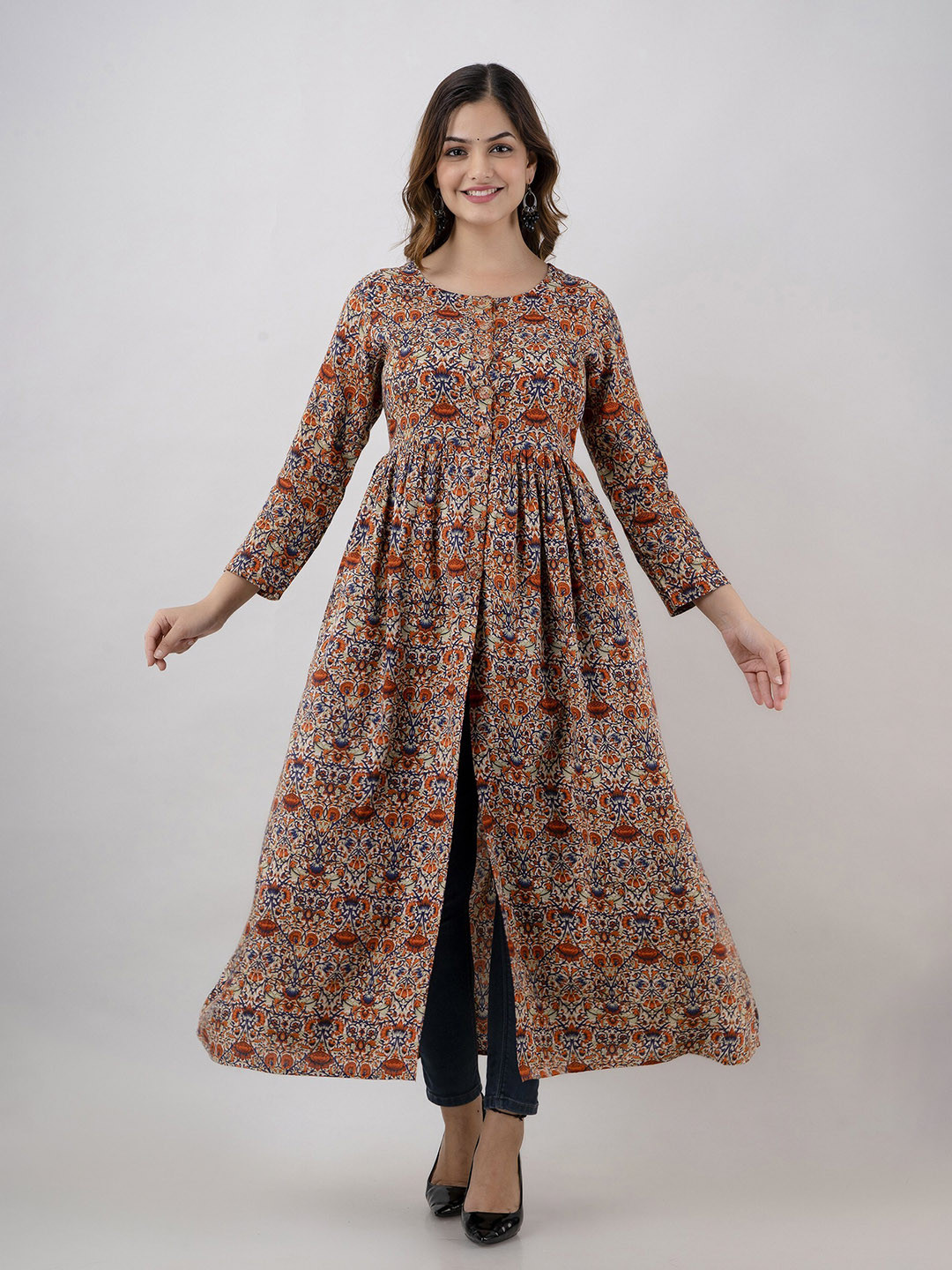 LONDON BELLY Ethnic Motif Printed Pleated High Slit A-Line Kurta