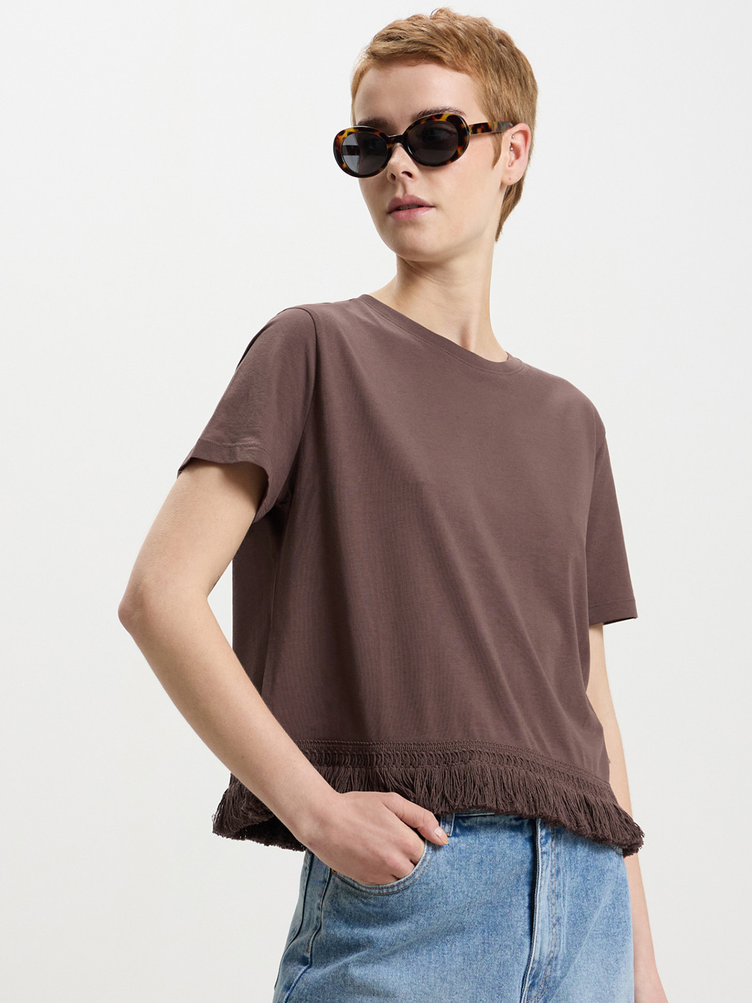 CALLIOPE Pure Cotton Fringed Hem T-shirt