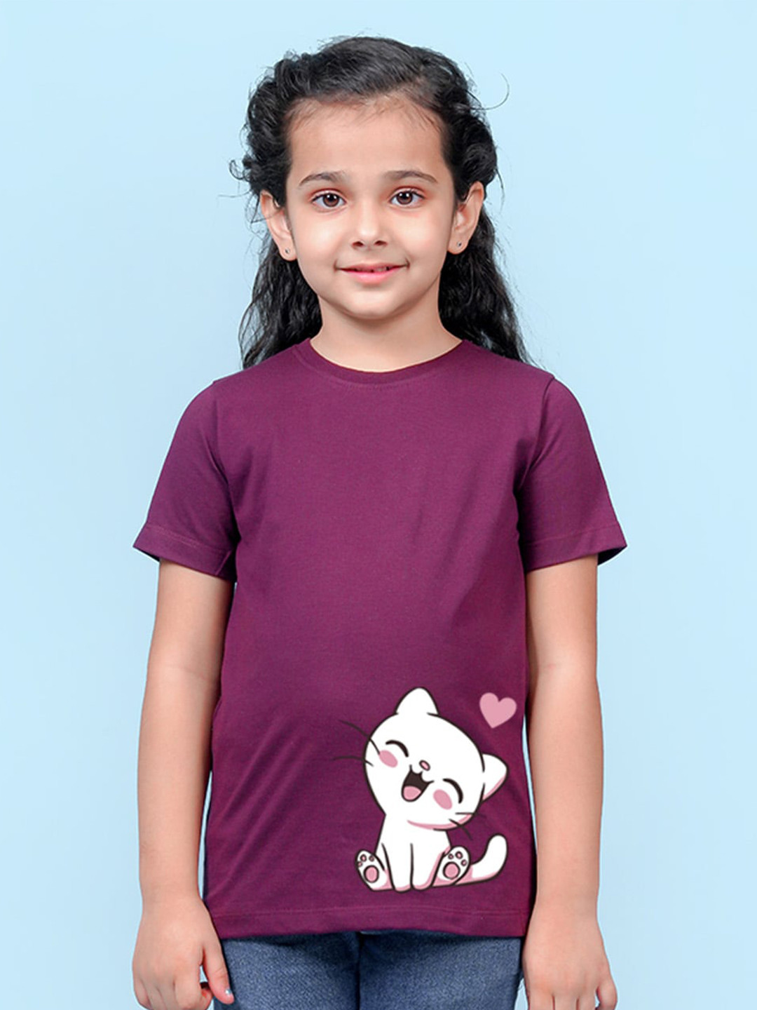 NUSYL Girls Cat Printed Round Neck T-shirt