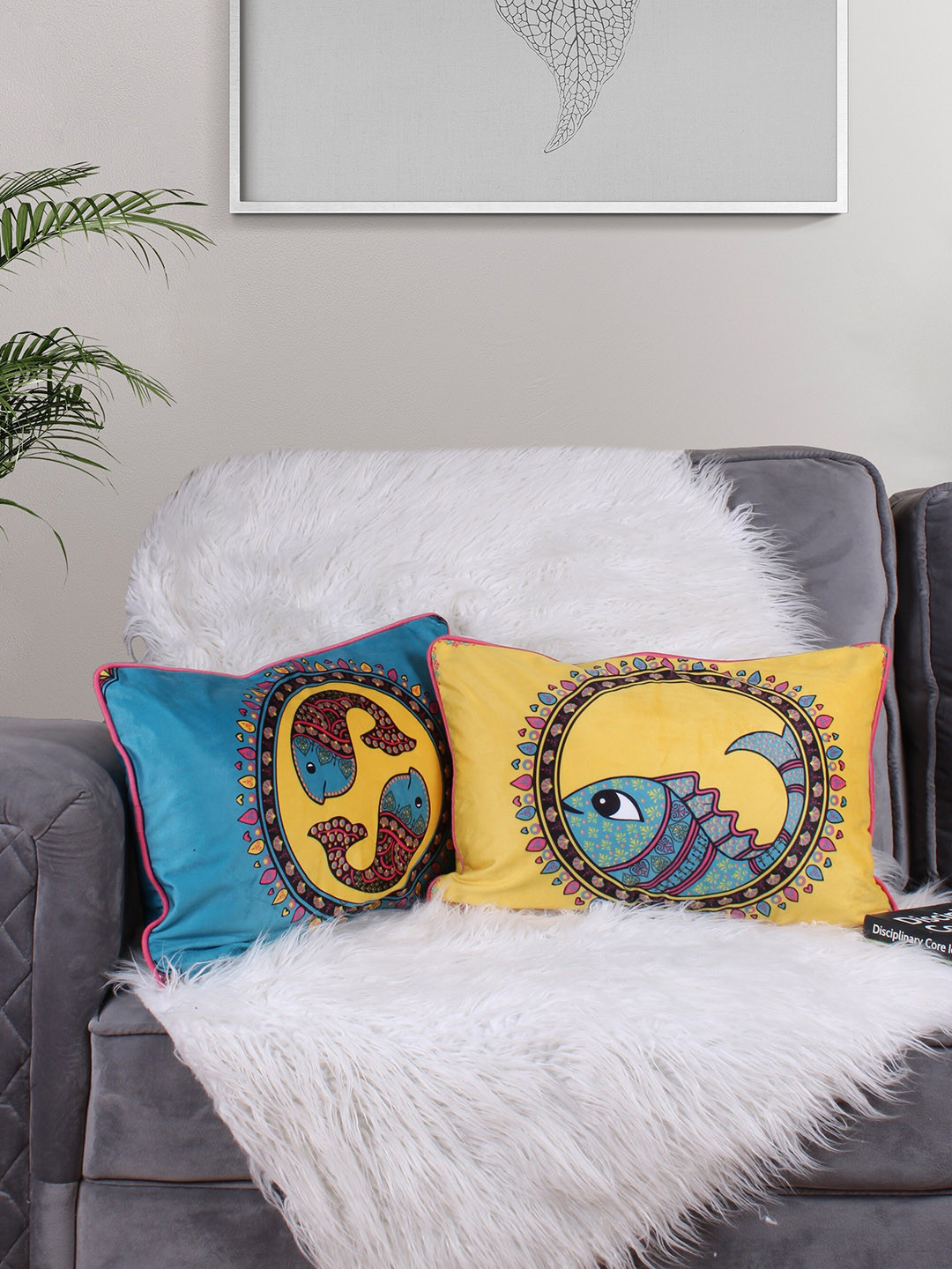 STITCHNEST Fish Ethnic Motifs Velvet Washable 2 Pcs Rectangle Cushion Covers - 12x18In