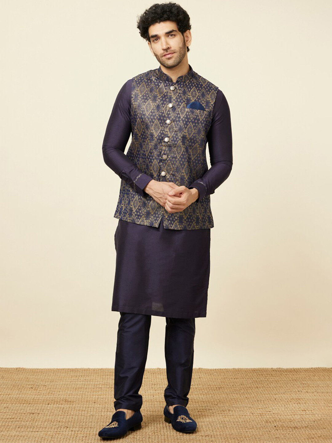 Diwas by Manyavar Men Straight Kurta With Pyjamas And Woven Design Nehru jacket