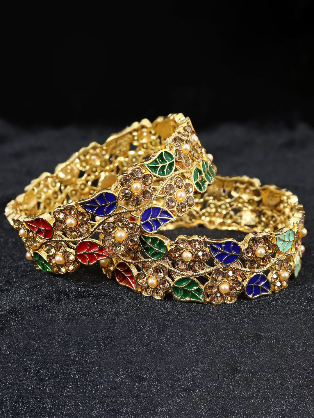 NMII Set Of 2 CZ-Studded Leaf Design Bangles