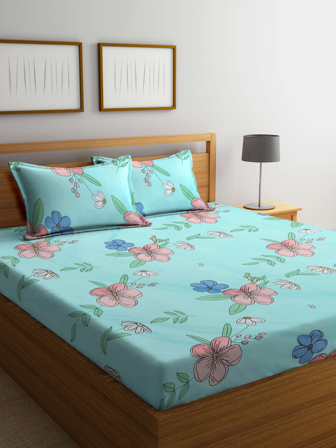 KLOTTHE Book Fold Blue Floral Cotton Soft Feel 300 TC King Fine Bedsheet with 2 Pillow Covers-98 x 89 inches