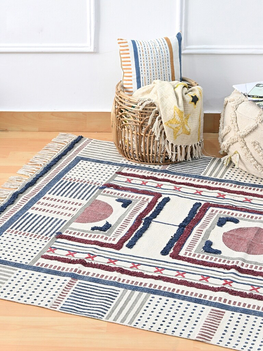 Art Avenue Blue & Brown Block Printed Cotton Carpet