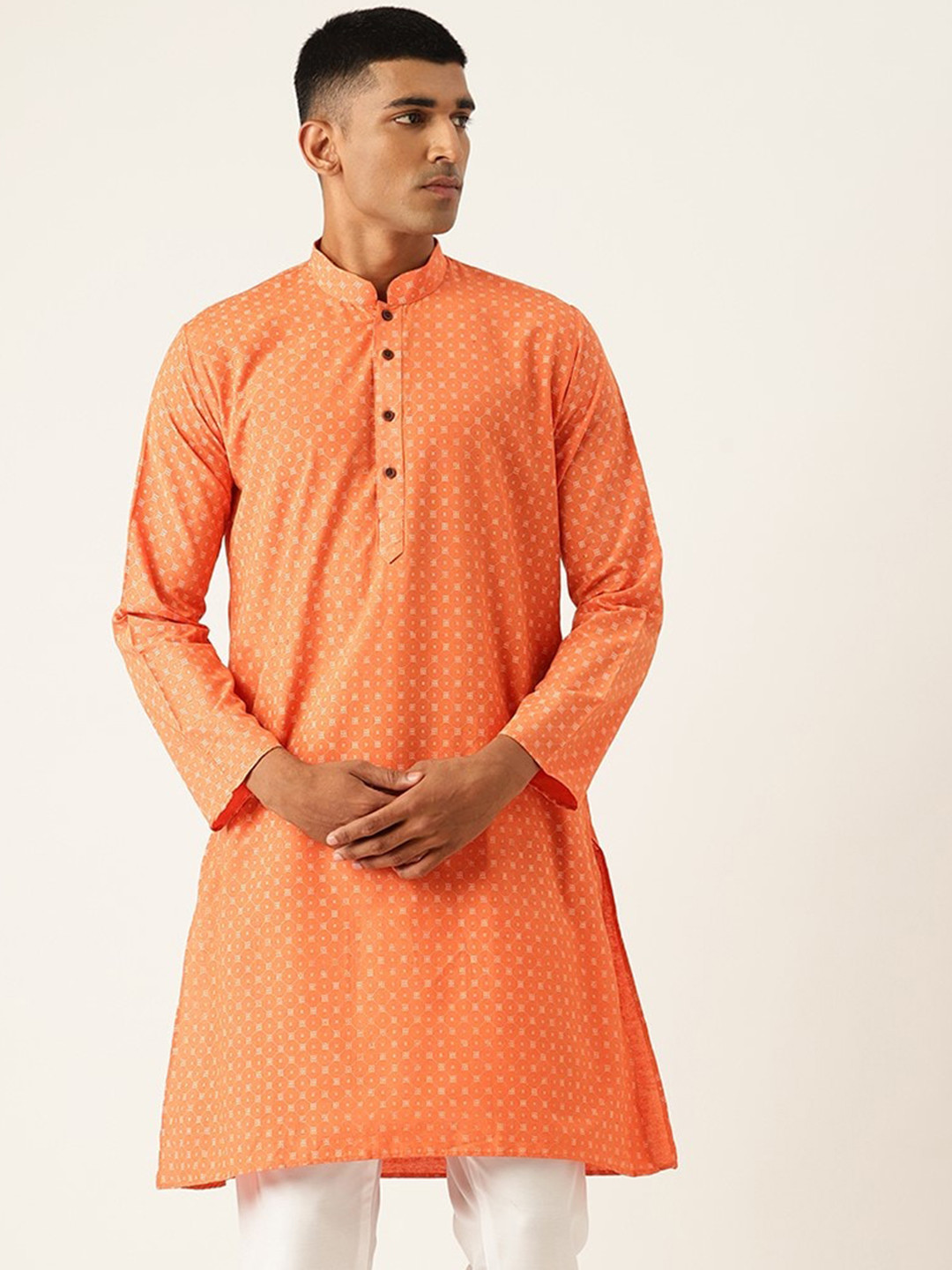 Armaan Ethnic Block Printed Mandarin Collar Cotton Linen Straight Kurta