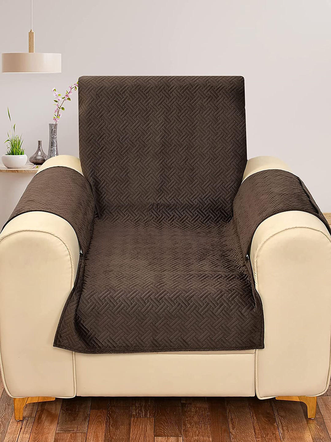 HOUSE OF QUIRK Brown Self Designed Velvet Single-Seater Sofa Covers