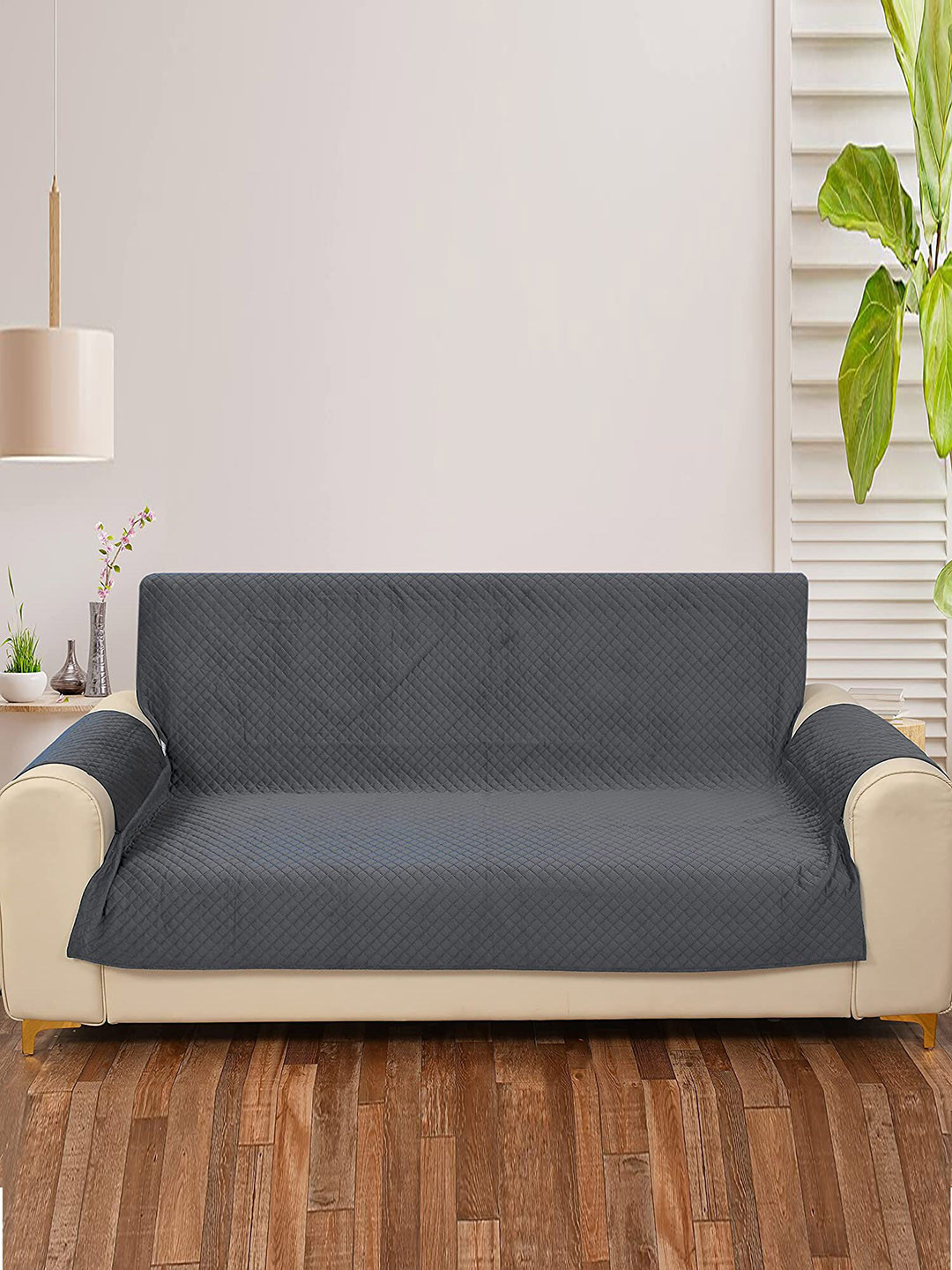 HOUSE OF QUIRK Grey Self-Design 2-Seater Sofa Cover With Arms