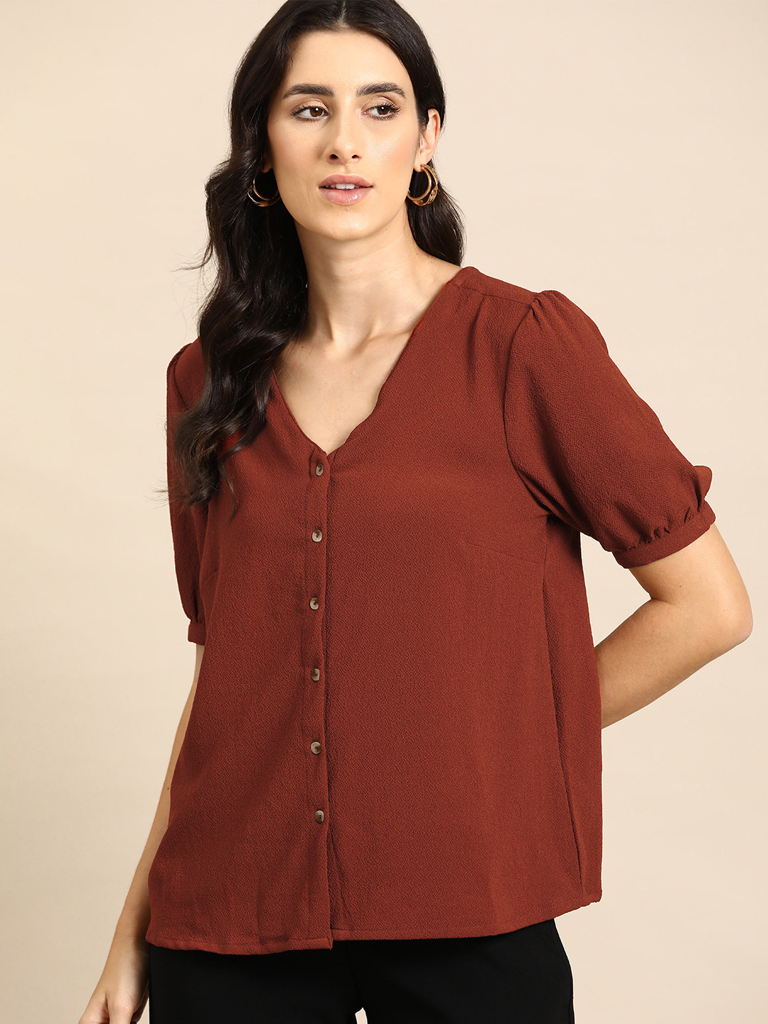 all about you Textured Puff Sleeves V-Neck Shirt Style Top