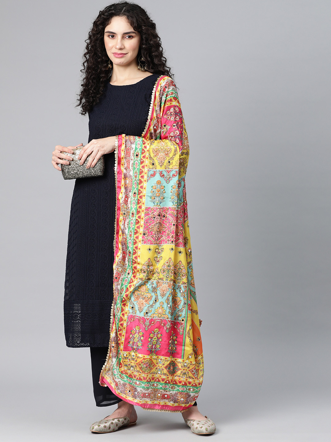 SWI Stylish Ethnic Motifs Printed Chiffon Dupatta with Mirror Work
