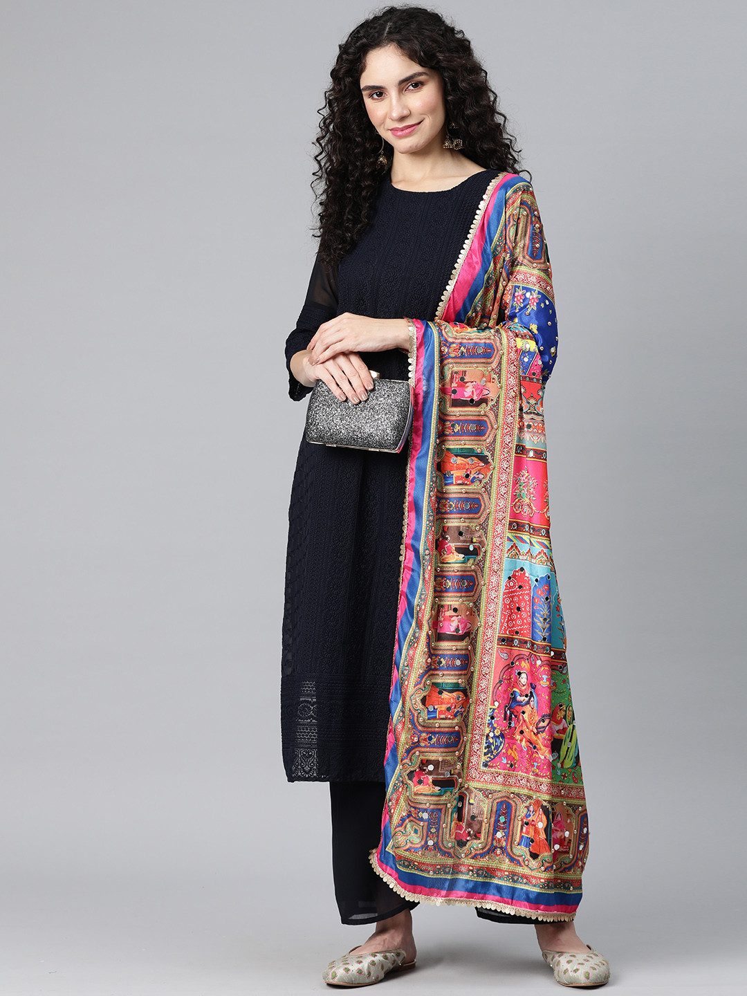 SWI Stylish Ethnic Motifs Printed Chiffon Dupatta with Mirror Work