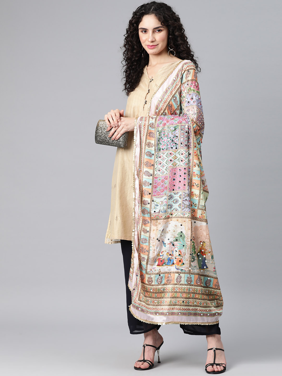 SWI Stylish Ethnic Motifs Printed Chiffon Dupatta with Mirror Work