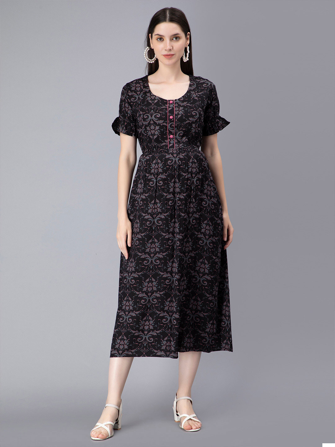 NIGHTSPREE Ethnic Motifs Print Maternity FeedingA-Line Midi Dress
