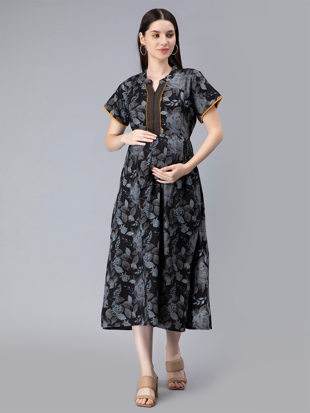 NIGHTSPREE Floral Print Flared Sleeve Maternity Feeding Fit & Flare Midi Dress