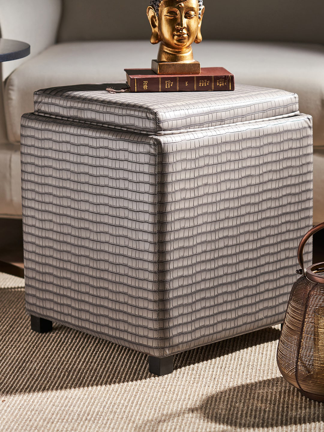 Pure Home and Living Grey Textured Pouffe With Storage Organiser