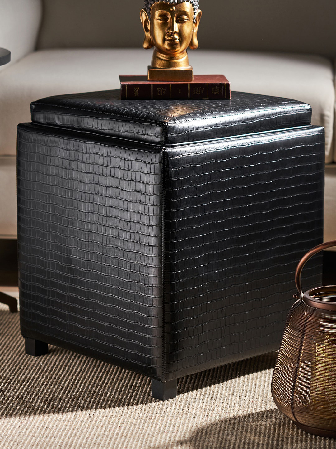 Pure Home and Living Black Textured Pouffe With Storage Organiser