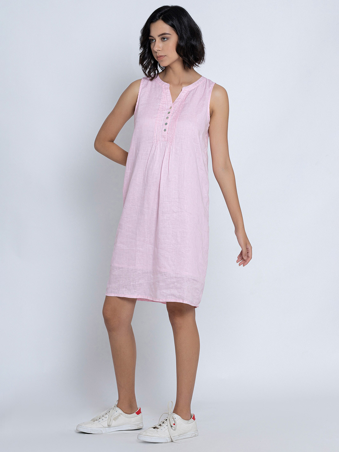 B.Copenhagen Band Collar Linen Knee-Length A-Line Dress
