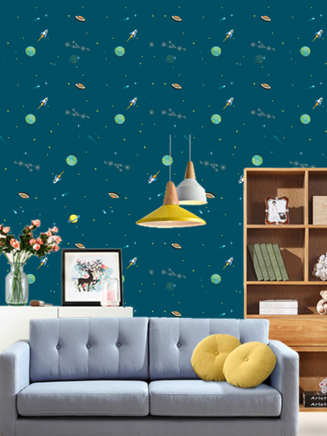Jaamso Royals Navy Blue Conversational Print Self Adhesive Wallpaper